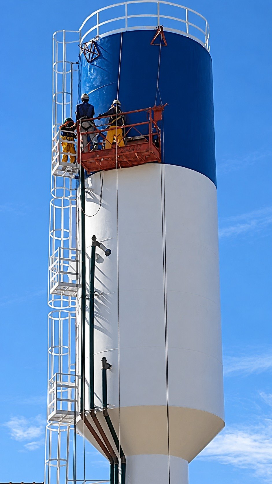 Equipe executando pintura azul e branca em reservatório tubular vertical